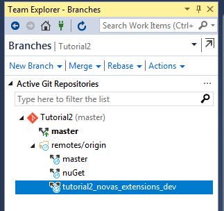 Após isso, clique no ícone para abrir a lista de branches remotas e dê um duplo clique na branch tutorial2_novas_extensions_dev