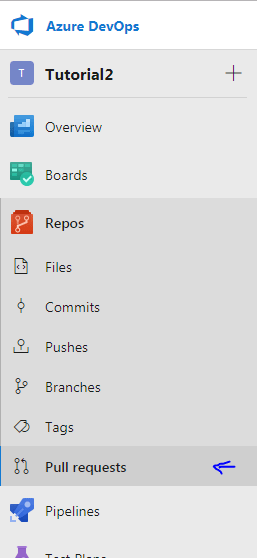 Repos e depois Pull Requests no projeto Tutorial 2 no Azure DevOps